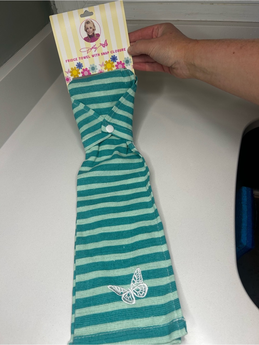 NWT Dolly Parton Striped Teal Snap-Closure Towel with Butterfly Embroidery